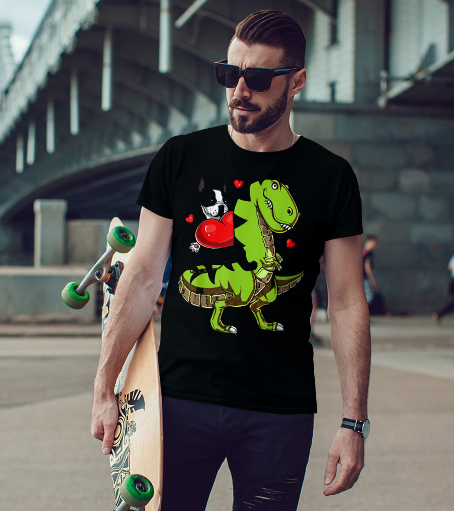 Boston Terrier With Red Hearts Riding A Green Rex Dinosaur T-Shirt