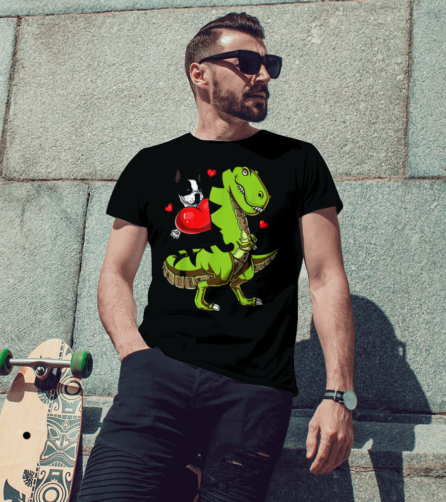 Boston Terrier With Red Hearts Riding A Green Rex Dinosaur T-Shirt