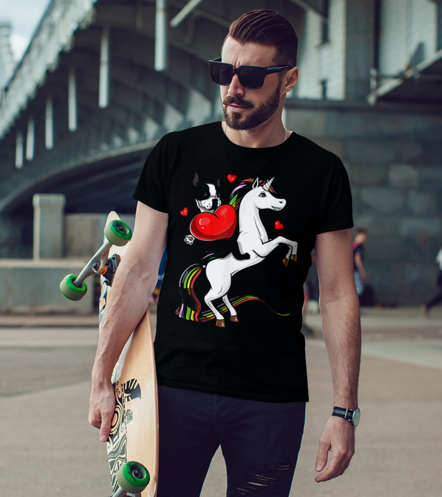 Boston Terrier Dog Holding Heart Riding Colorful Unicorn With Hearts T-Shirt