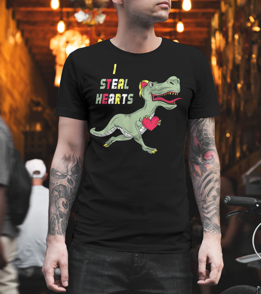 I Steal Hearts Dinosaur Holding Red Heart T-Shirt