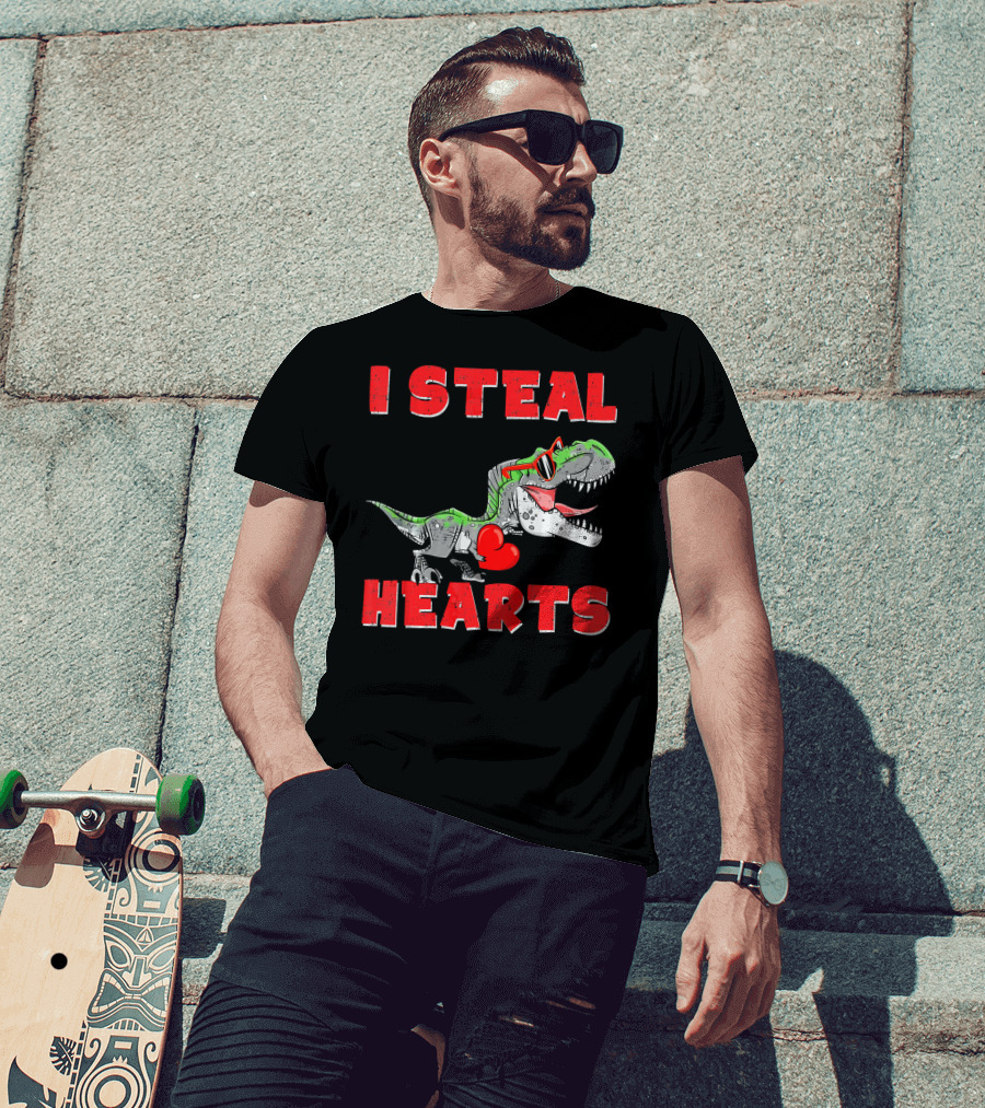 I Steal Hearts Boys Valentines Day Kids Dinosaur Trex T-Shirt