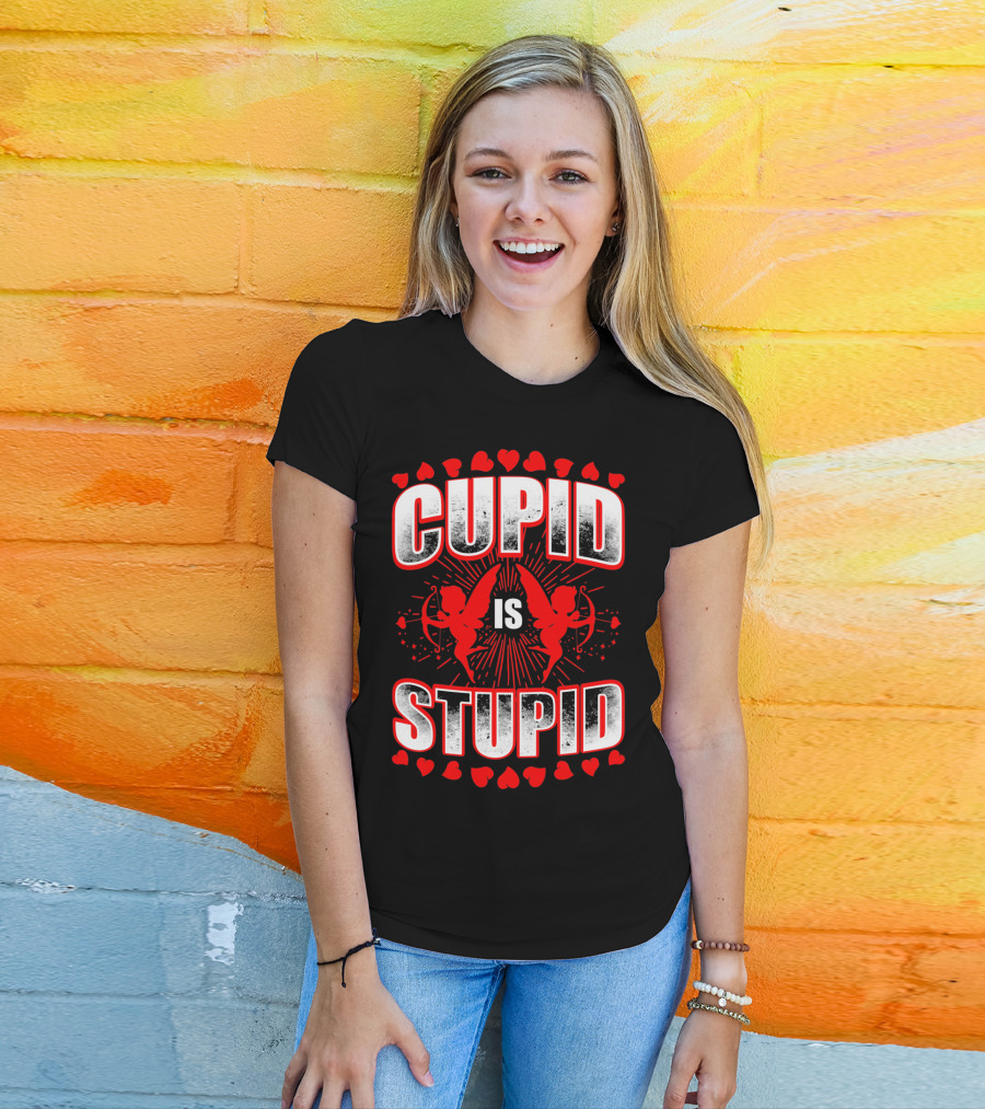 Cupid Is Stupid Anti Valentine Long With Heart And Cupid Graphics T-Shirt