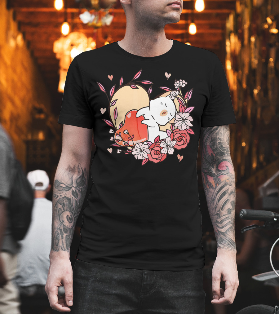 Cute Kawaii Cat Hugging Heart Surrounded By Valentines Day Flowers T-Shirt