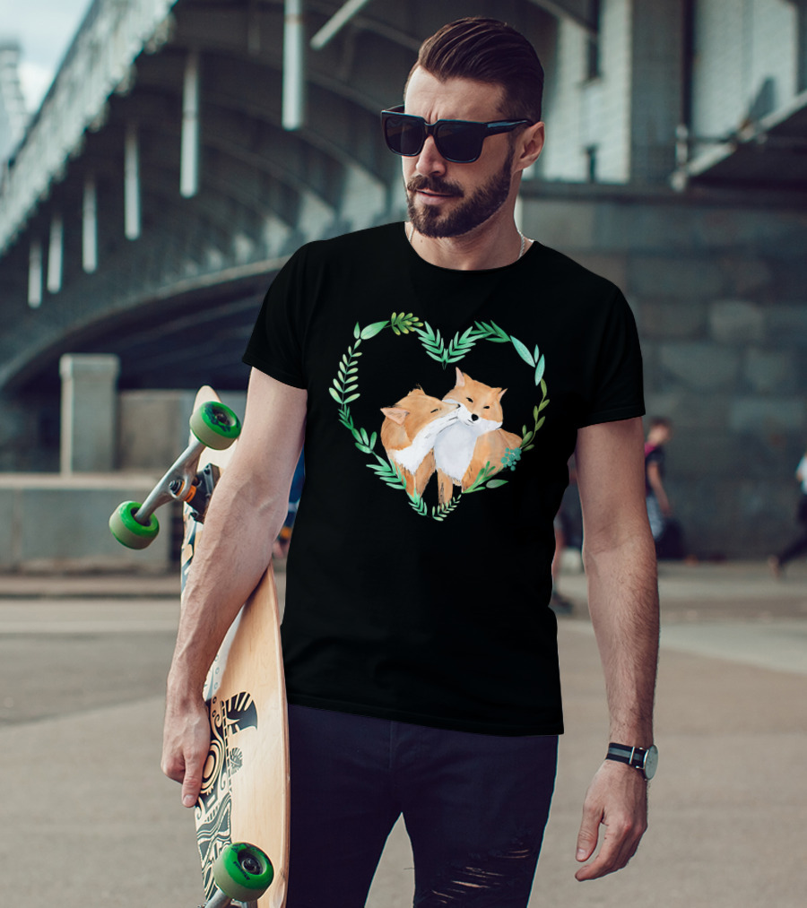 Cute Love Foxes Valentines Day Heart Greenery T-Shirt