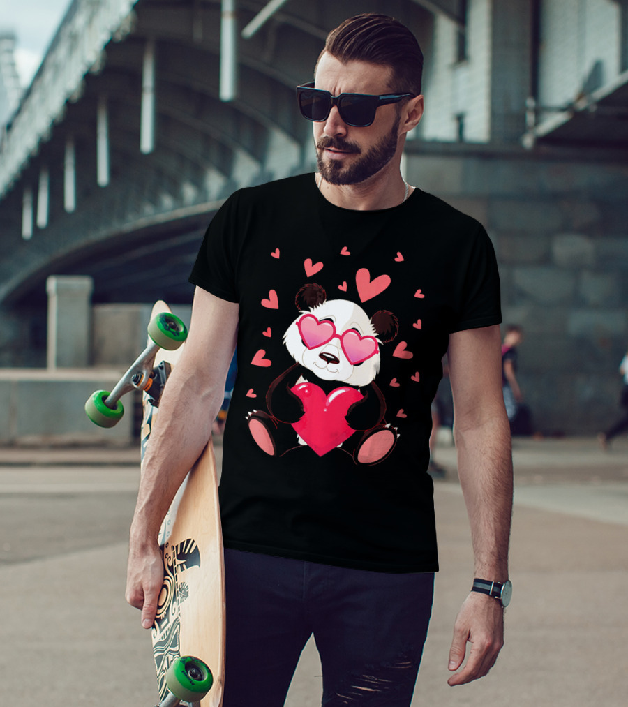 Cute Panda With Heart Glasses Valentines Day T-Shirt