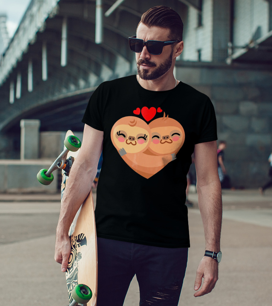 Cute Sloth Love Heart Valentines Pair With Red Hearts T-Shirt