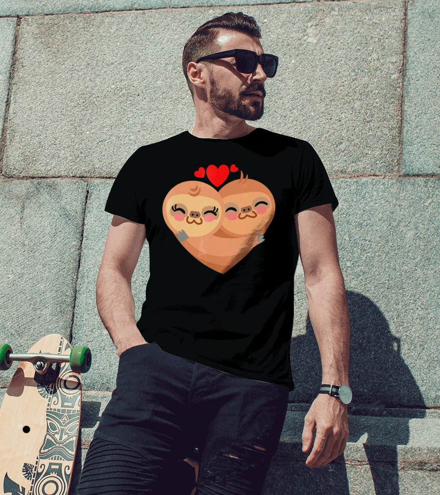 Cute Sloth Love Heart Valentines Pair With Red Hearts T-Shirt
