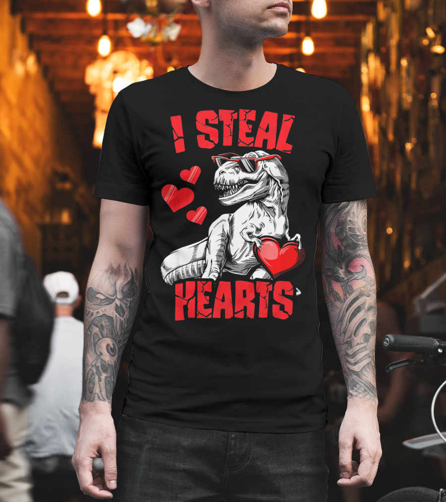 I Steal Hearts Boys Valentines Day Kids Dinosaur T-Shirt