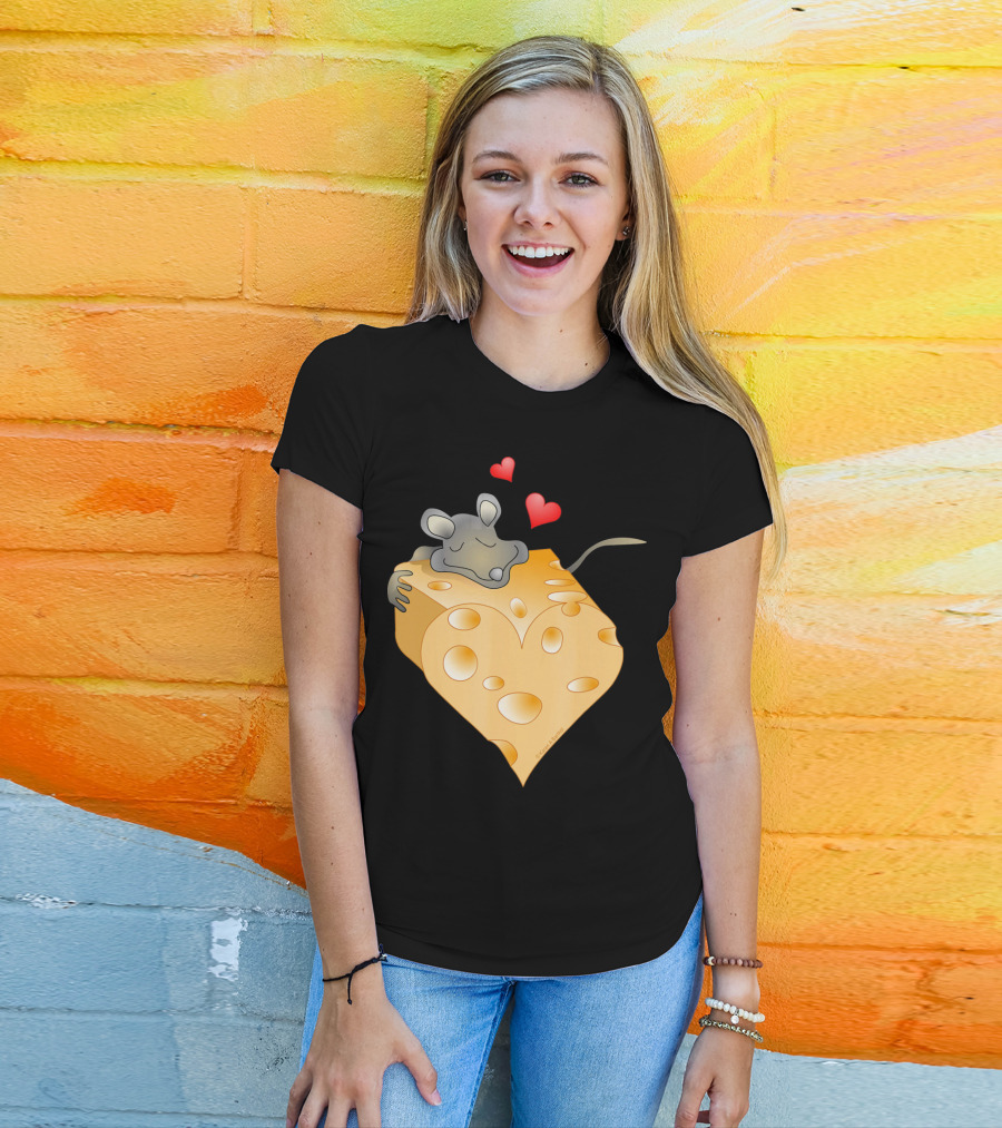 Cheesy Valentine Funny Dairy Heart Mouse Hugging Cheese T-Shirt