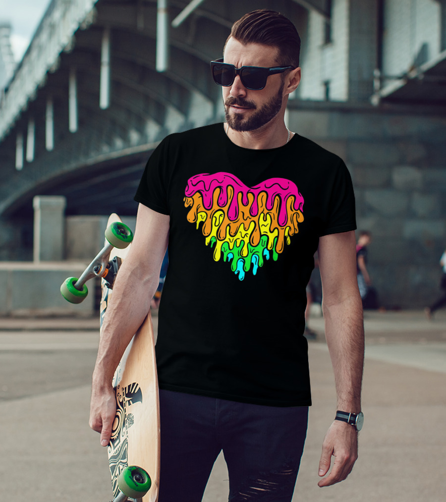 Cool Retro 80s Neon Dripping Rainbow Valentines Day Heart T-Shirt