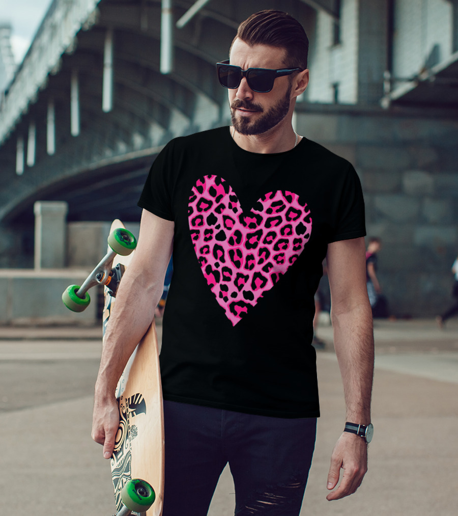 Cute Heart Valentines Pink Leopard T-Shirt