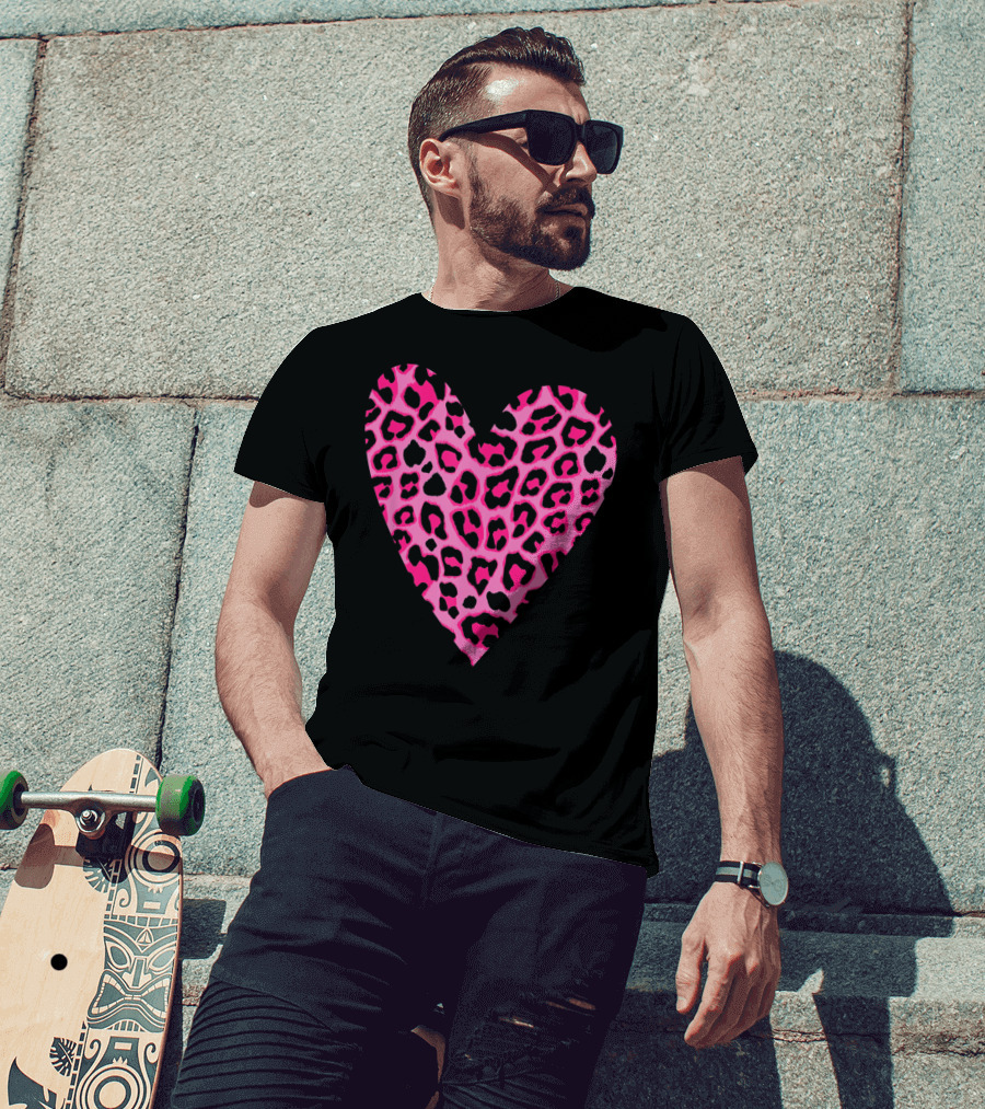 Cute Heart Valentines Pink Leopard T-Shirt