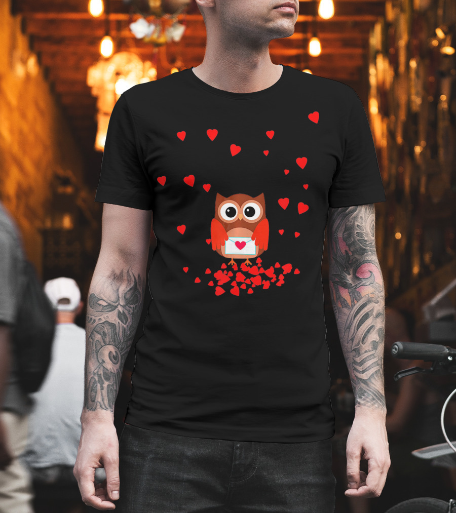 Valentine Owl Holding Love Letter Surrounded By Hearts T-Shirt