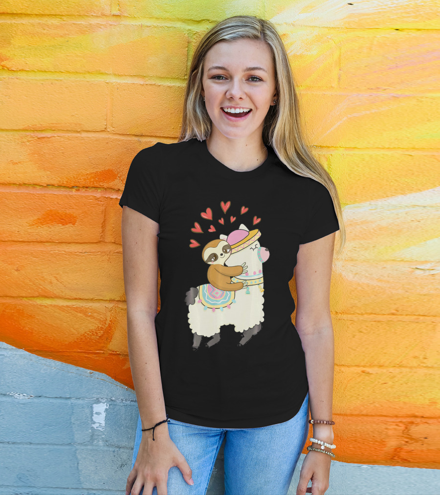 Cute Sloth Riding Llama Heart Va Love Llama Adventure T-Shirt