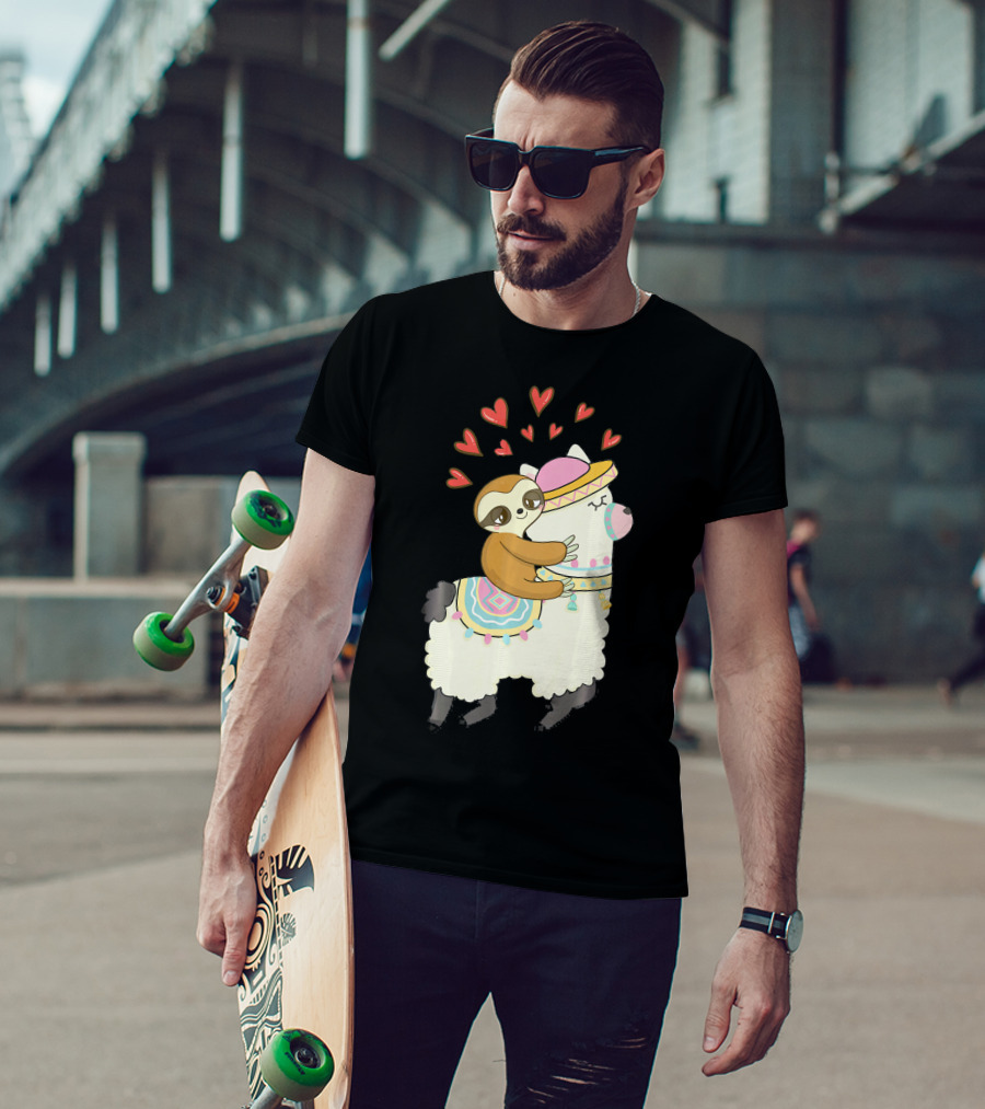 Cute Sloth Riding Llama Heart Va Love Llama Adventure T-Shirt