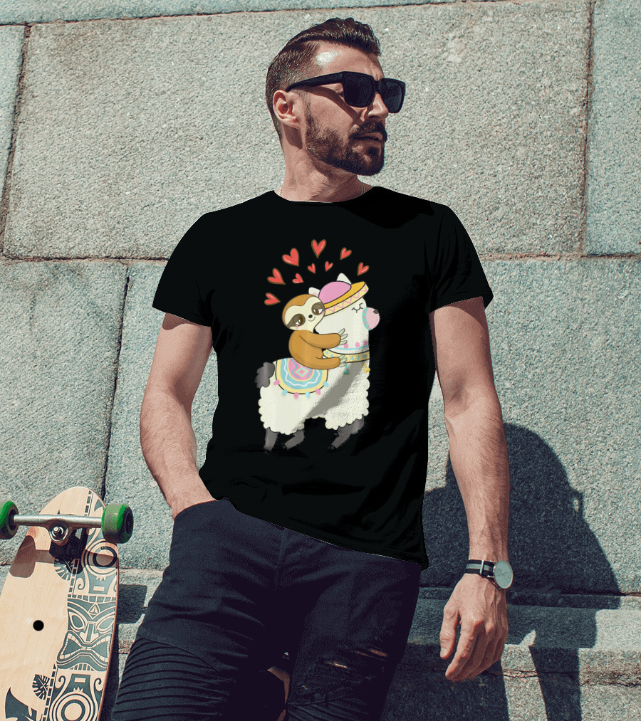 Cute Sloth Riding Llama Heart Va Love Llama Adventure T-Shirt