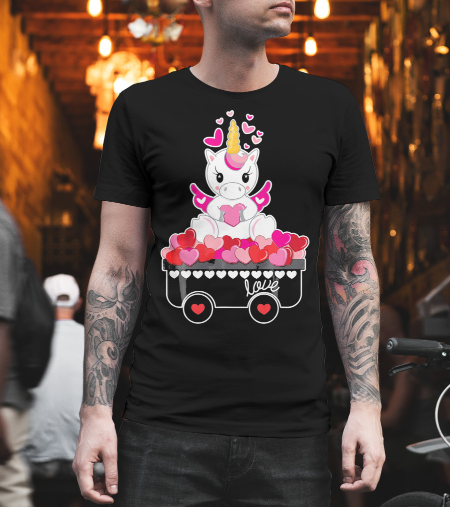Valentines Day Unicorn Love Wagon with Hearts T-Shirt