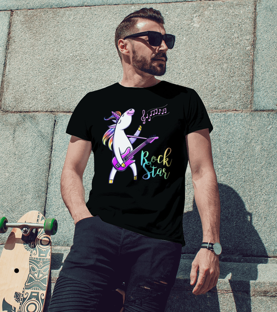Unicorn Rock Star With Guitar And Musical Notes T-Shirt
