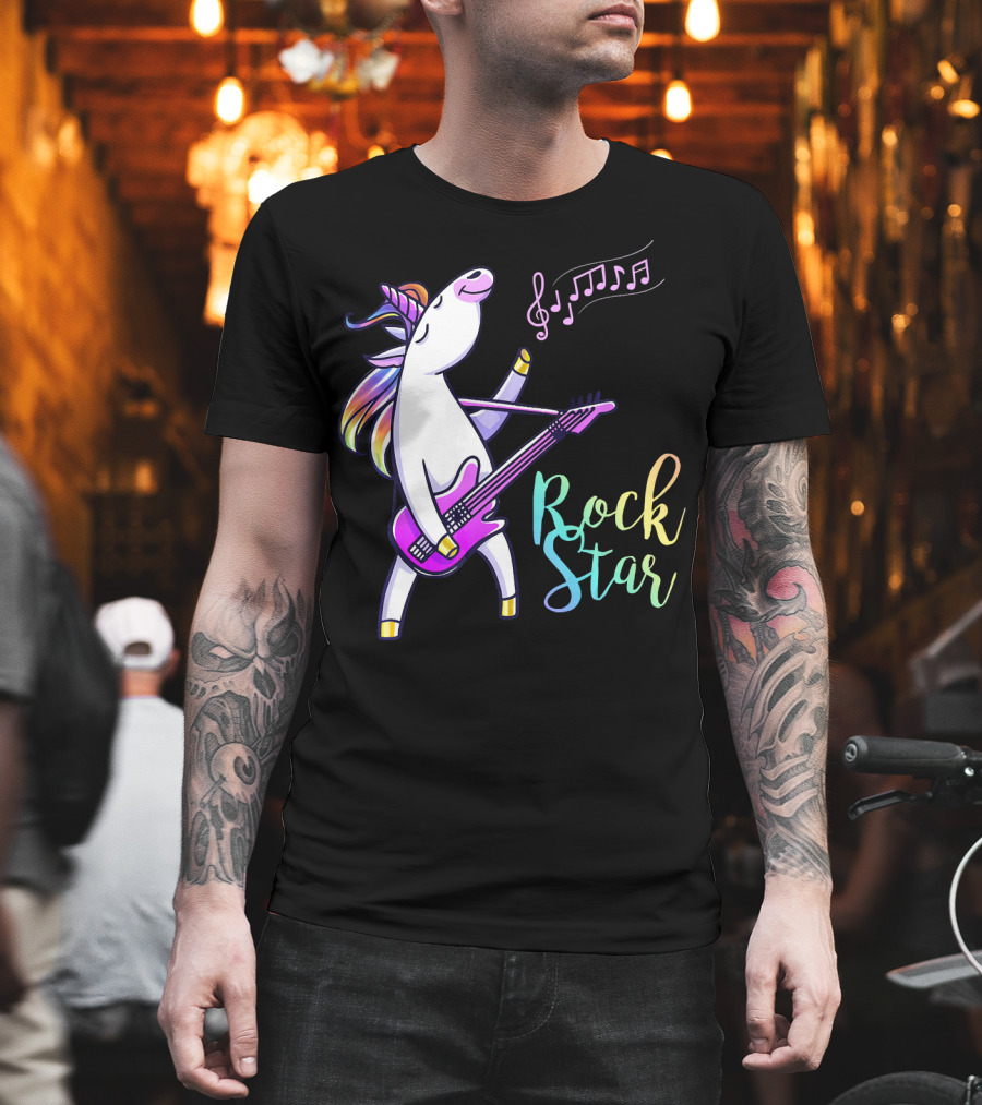 Unicorn Rock Star with Guitar and Musical Notes T-Shirt