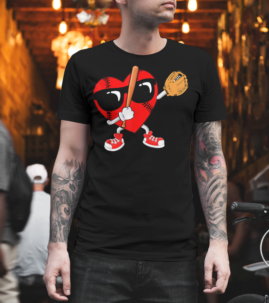 Dabbing Heart Baseball Love Valentines Sunglasses And Sneakers T-Shirt