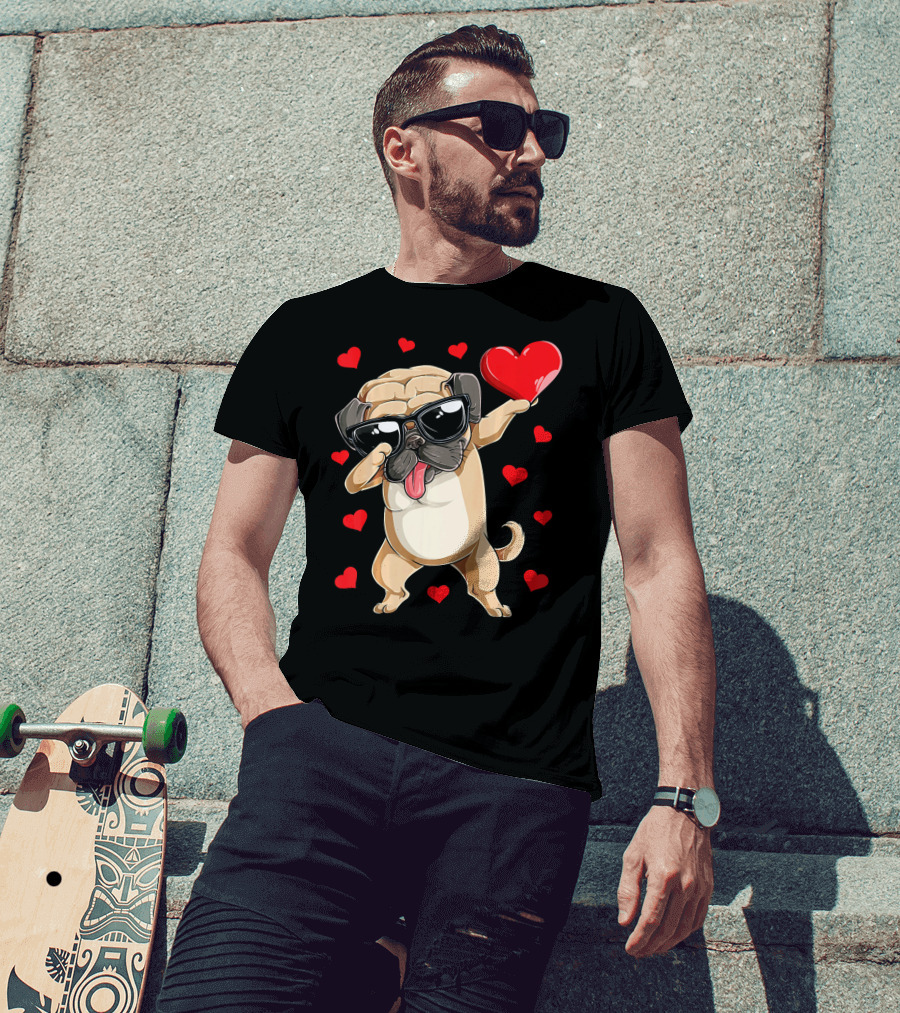 Dabbing Pug Holding Heart Surrounded By Red Hearts Valentines Day T-Shirt