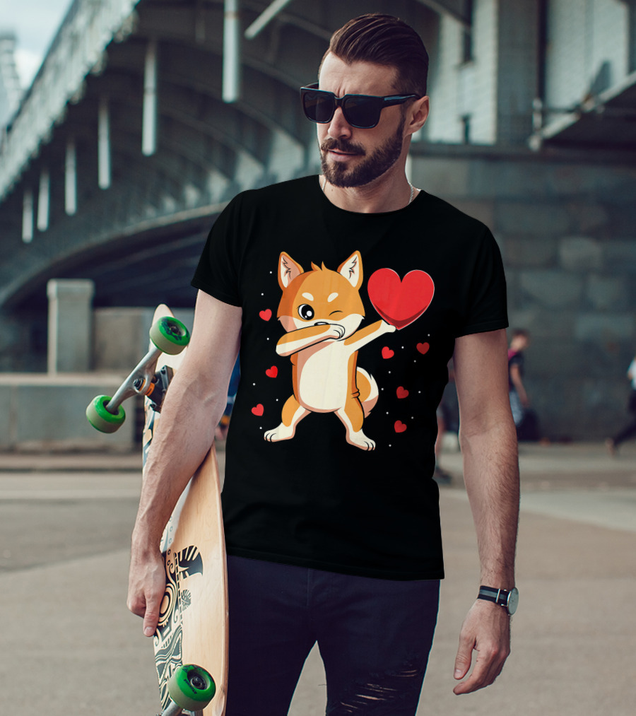 Dabbing Shiba Inu Holding Heart Valentine’s Day Dog With Hearts T-Shirt