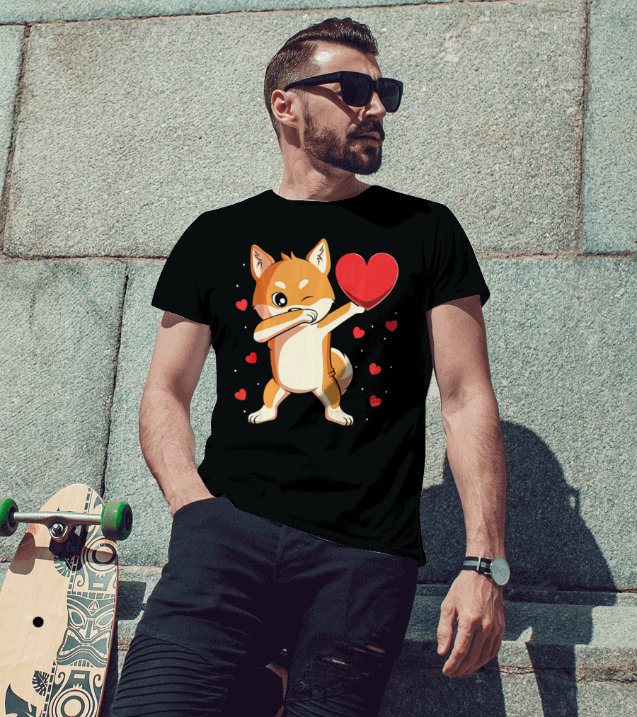 Dabbing Shiba Inu Holding Heart Valentine’s Day Dog With Hearts T-Shirt
