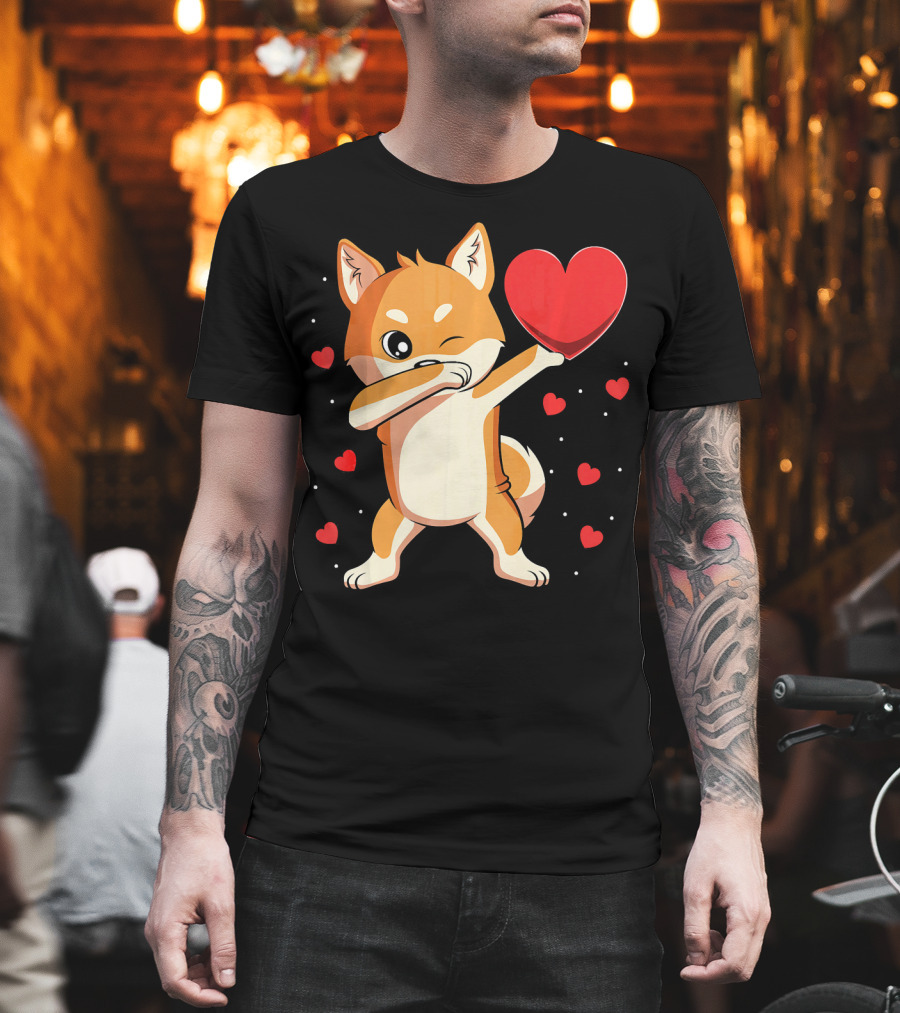 Dabbing Shiba Inu Holding Heart Valentine’s Day Dog with Hearts T-Shirt