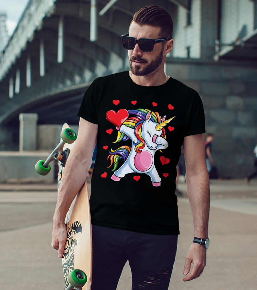 Rainbow Dabbing Unicorn With Hearts Valentine's T-Shirt