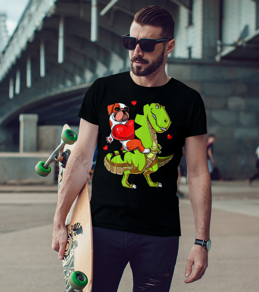 English Bulldog Hugging Red Heart Riding Green T-Rex Dinosaur With Hearts T-Shirt
