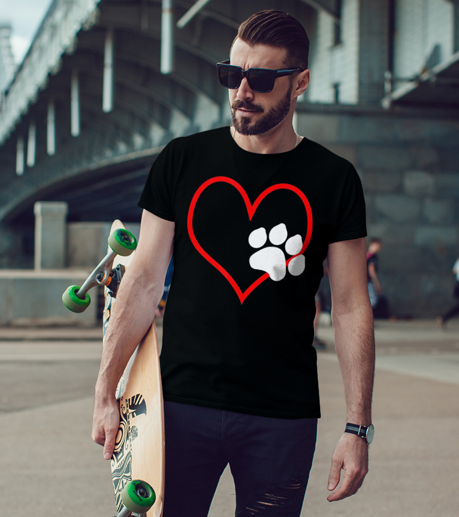 Dog And Cat Owner Valentine's Day Heart With Paw Prints T-Shirt