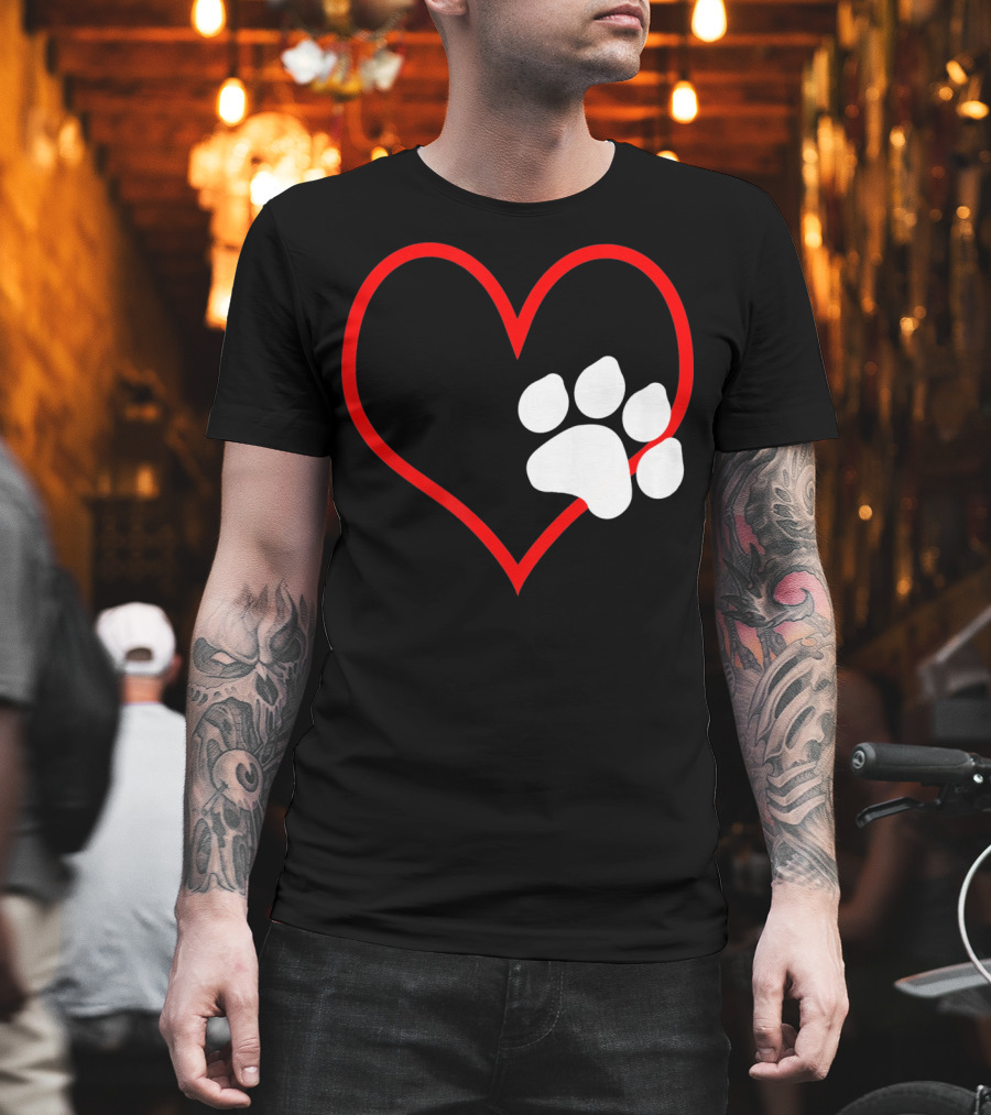 Dog and Cat Owner Valentine's Day Heart with Paw Prints T-Shirt