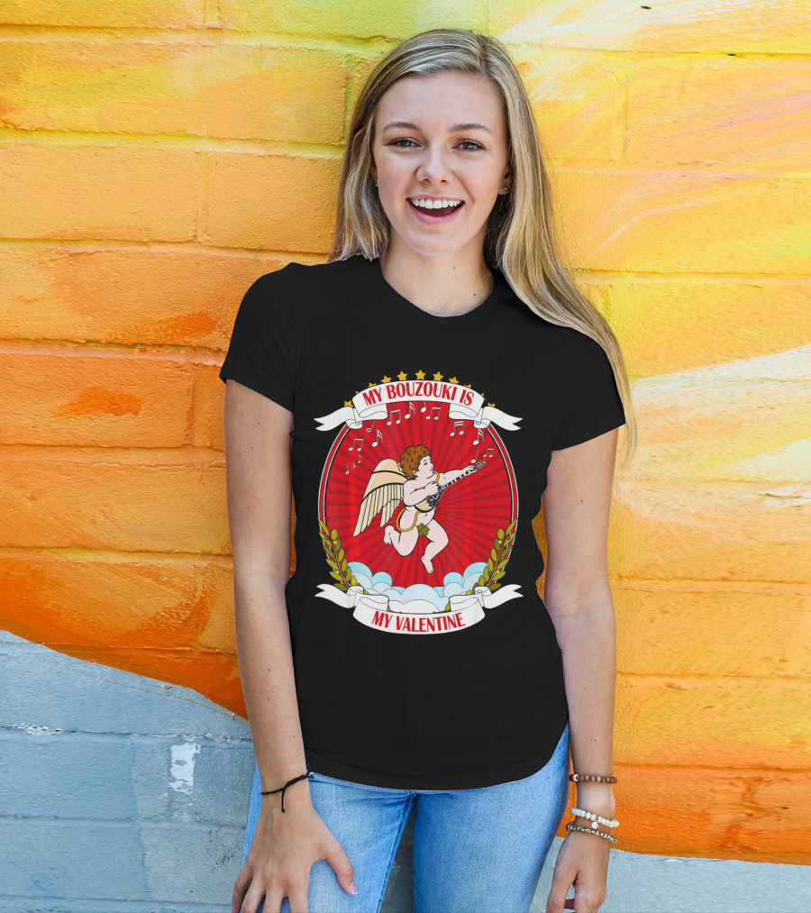 My Bouzouki Is My Valentine Cherub With Wings And Musical Notes T-Shirt