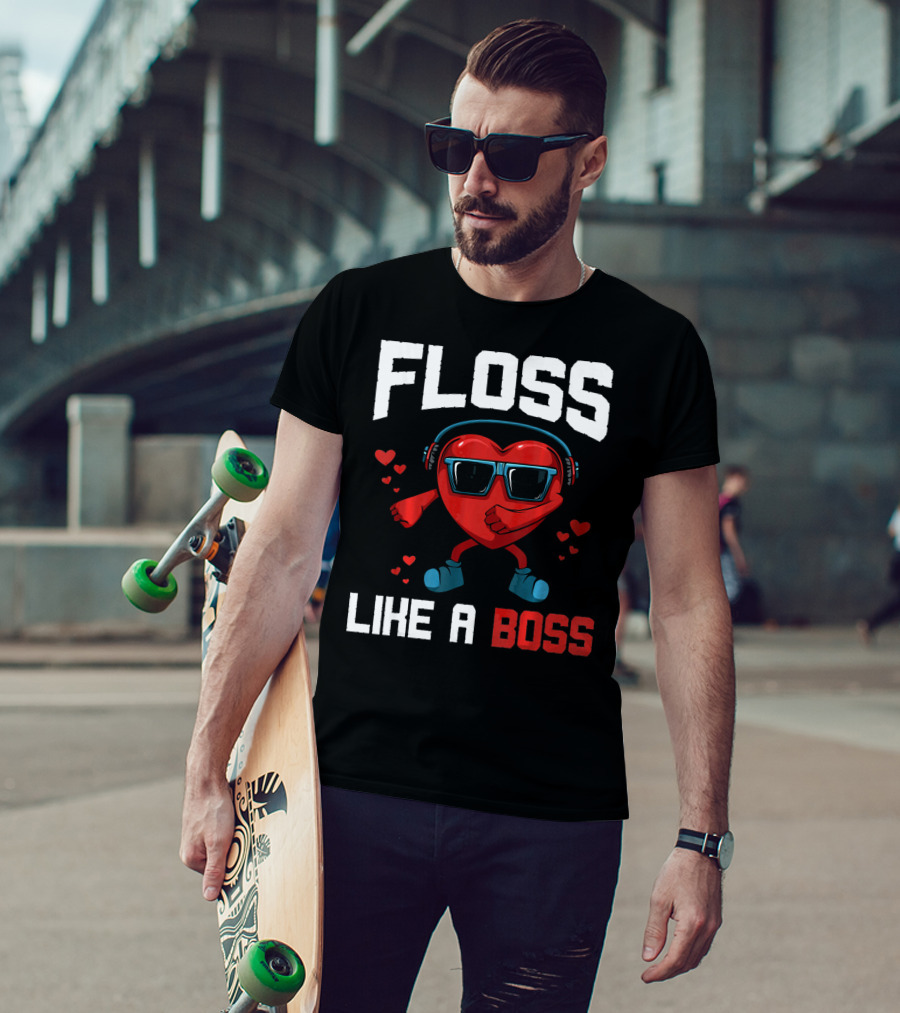 Floss Like A Boss Heart Sunglasses Headphones Valentine's Day T-Shirt