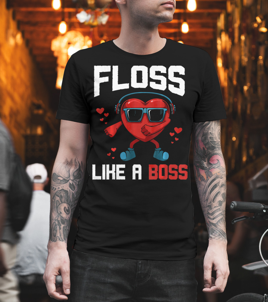 Floss Like A Boss Heart Sunglasses Headphones Valentine's Day T-Shirt