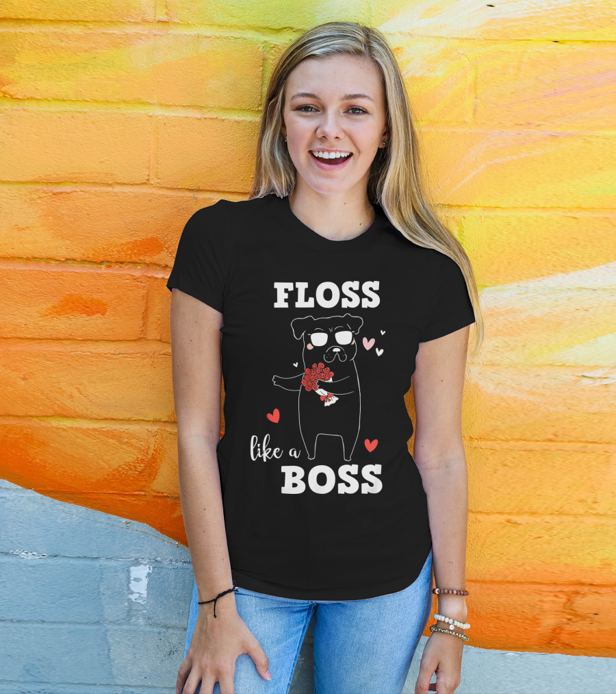Floss Like A Boss Valentines Day Dog Holding Flowers With Hearts T-Shirt