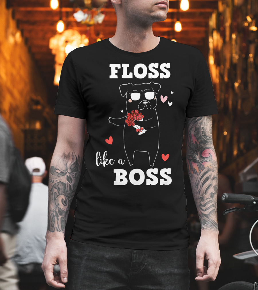 Floss Like A Boss Valentines Day Dog Holding Flowers With Hearts T-Shirt