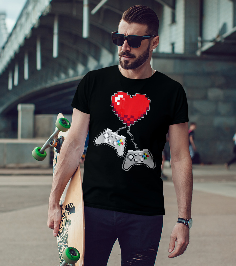 Pixel Heart Gaming Valentine Dual Controller Fun T-Shirt