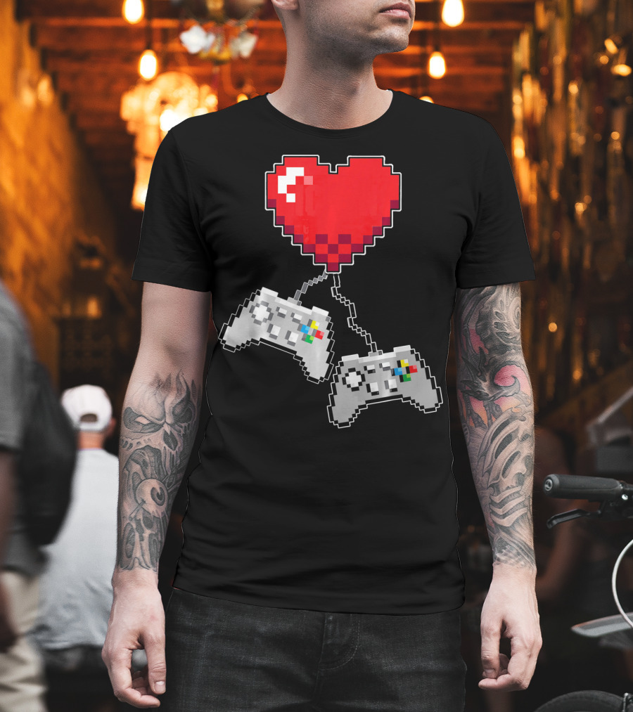 Pixel Heart Gaming Valentine Dual Controller Fun T-Shirt