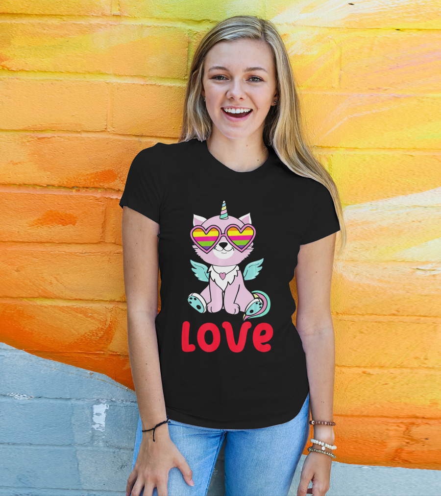 Valentines Day Love Heart Caticorn With Rainbow Sunglasses T-Shirt