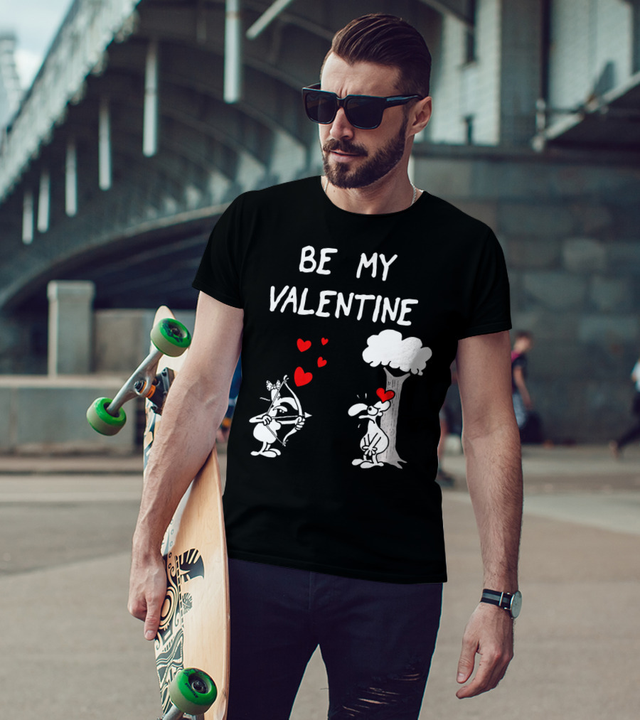 BE MY VALENTINE Funny Valentines Day Cupid Cartoon Hearts Tree T-Shirt