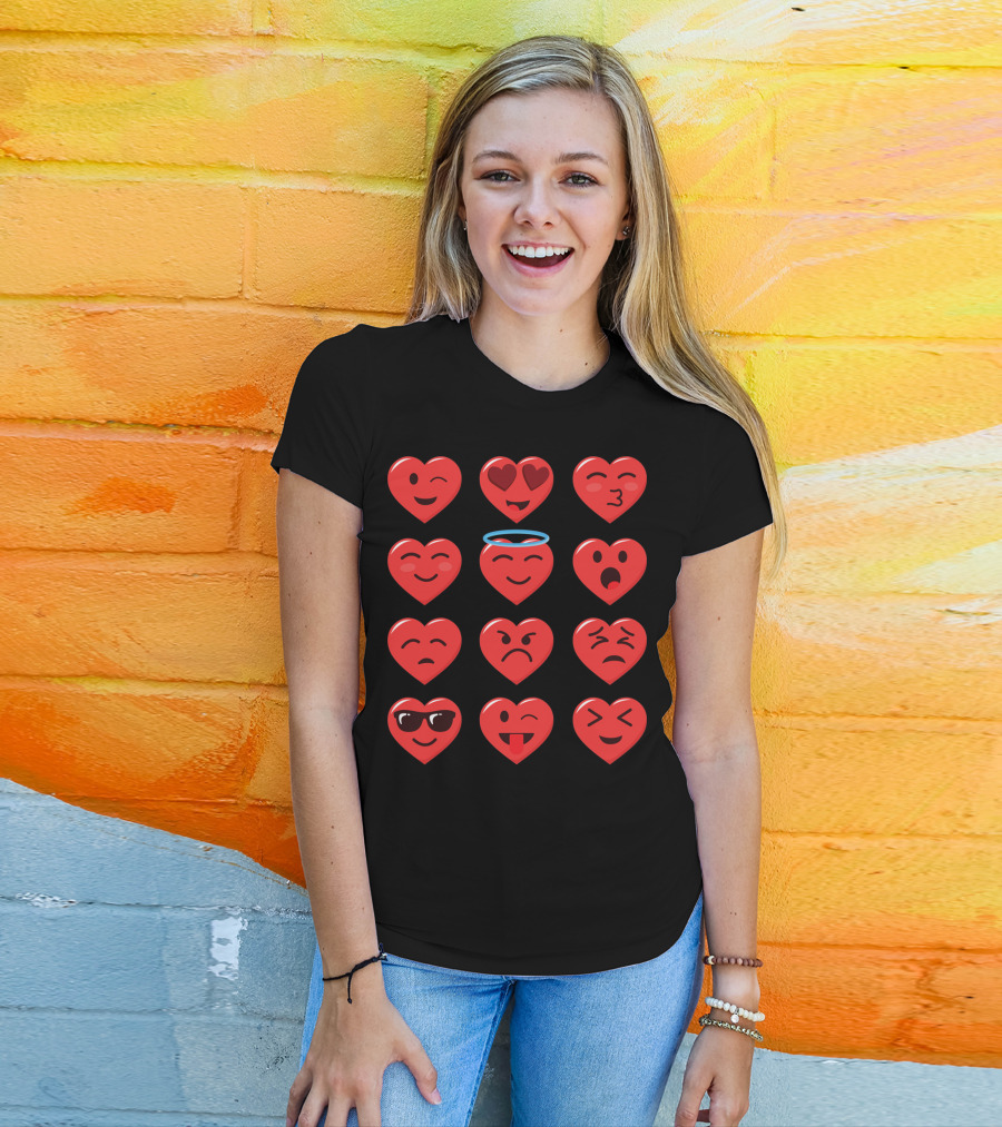 Funny Valentines Day Heart Emojico Winking Heart Eyes Angel Sunglasses Tongue Out T-Shirt