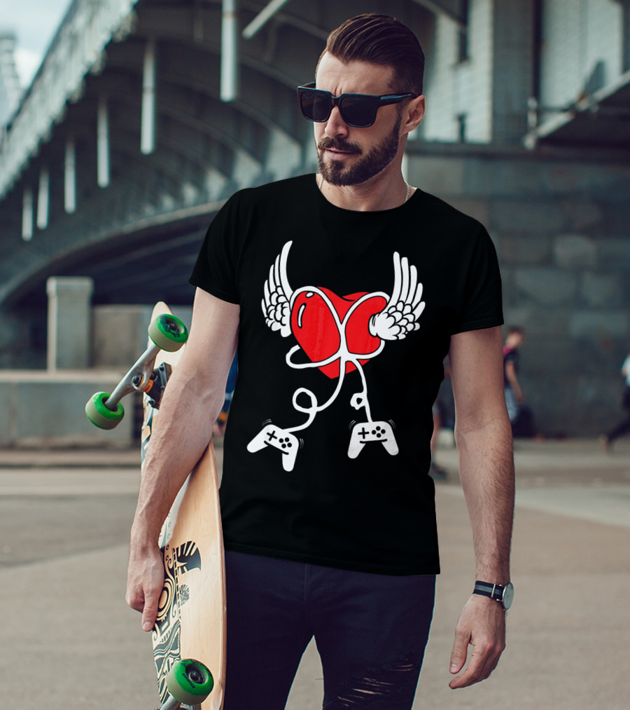 Valentines Day Heart With Wings And Video Gamer Controllers T-Shirt
