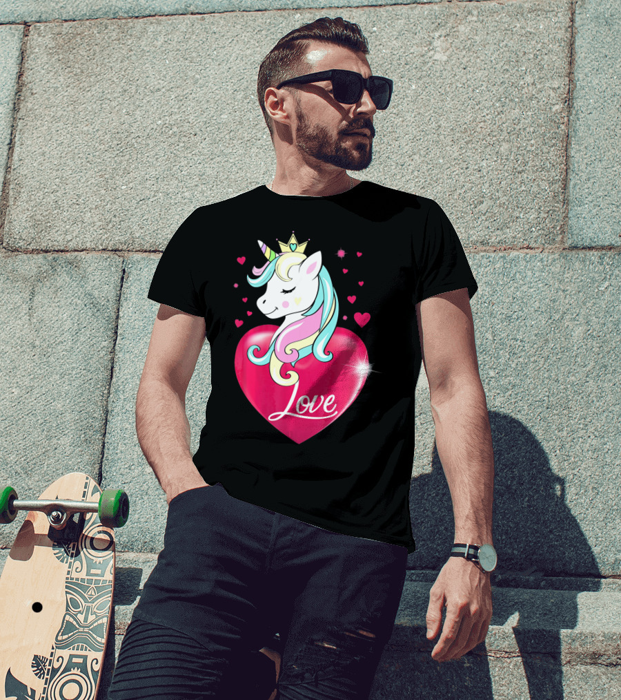 Love Heart Unicorn With Crown And Hearts Valentine's Day T-Shirt