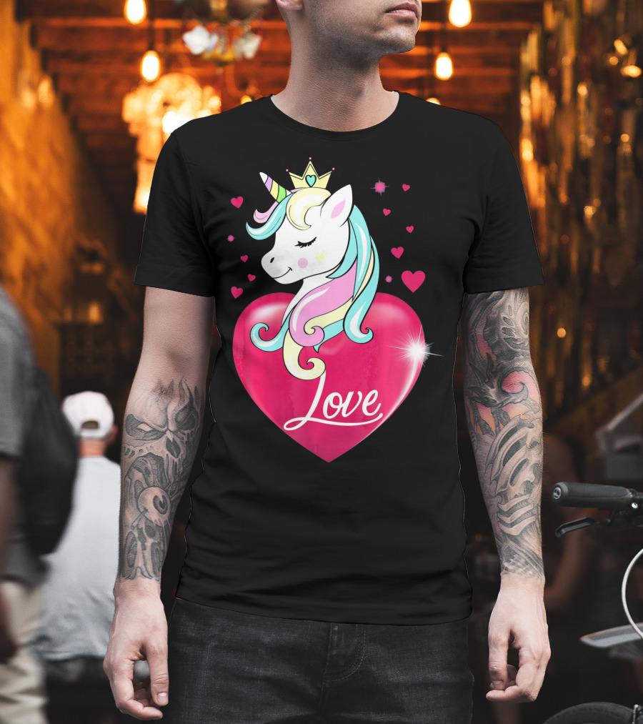 Love Heart Unicorn With Crown And Hearts Valentine's Day T-Shirt