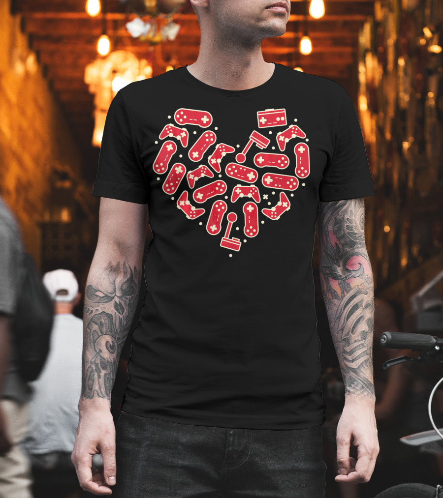 Gamer Valentines Day Couple Heart with Gaming Controllers and Joysticks T-Shirt