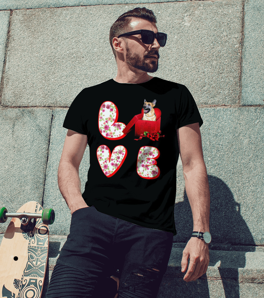 Valentine Love With German Shepherd In Floral Heart T-Shirt