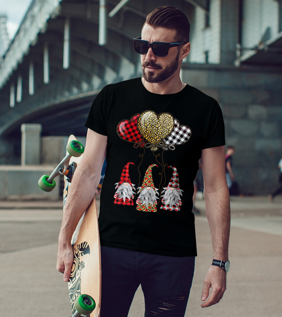Gnomes Holding Heart Balloons With Buffalo Plaid And Leopard Print T-Shirt
