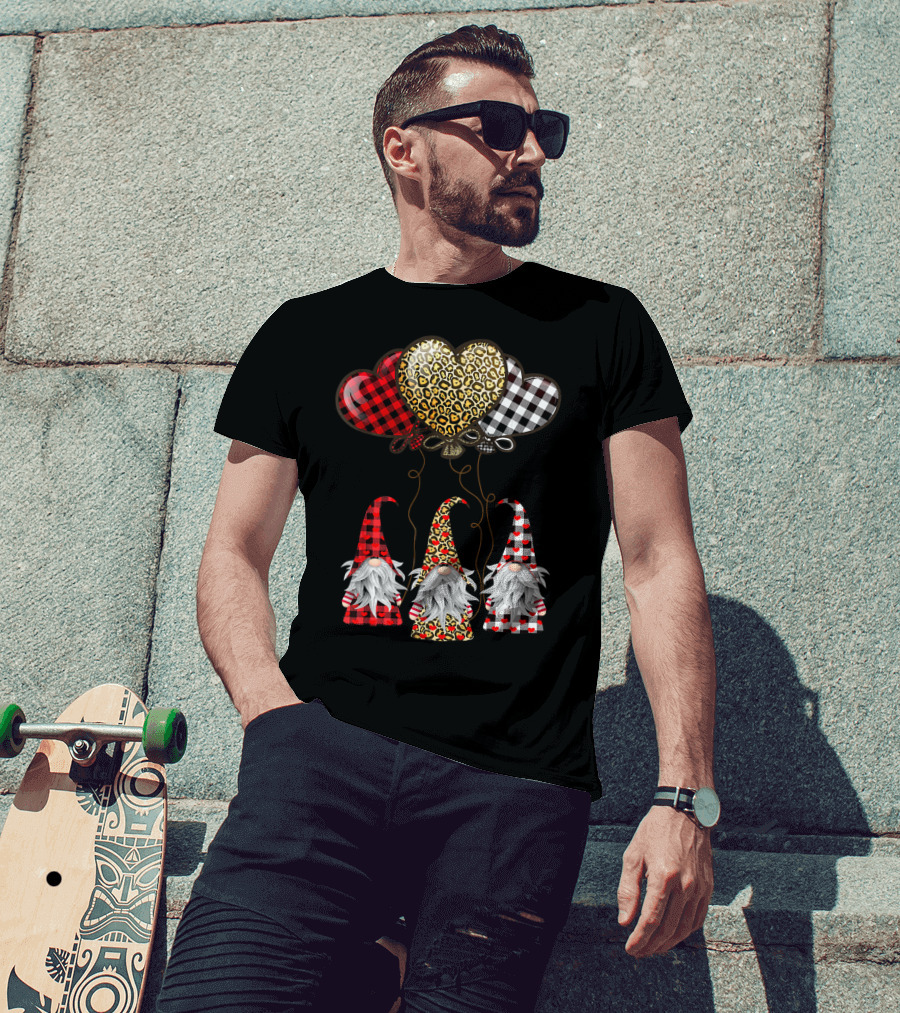 Gnomes Holding Heart Balloons With Buffalo Plaid And Leopard Print T-Shirt