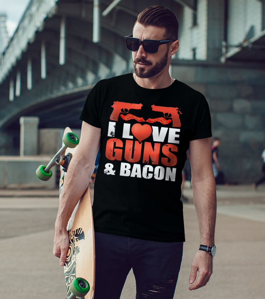 I Love Guns And Bacon Heart Symbol Pistols T-Shirt